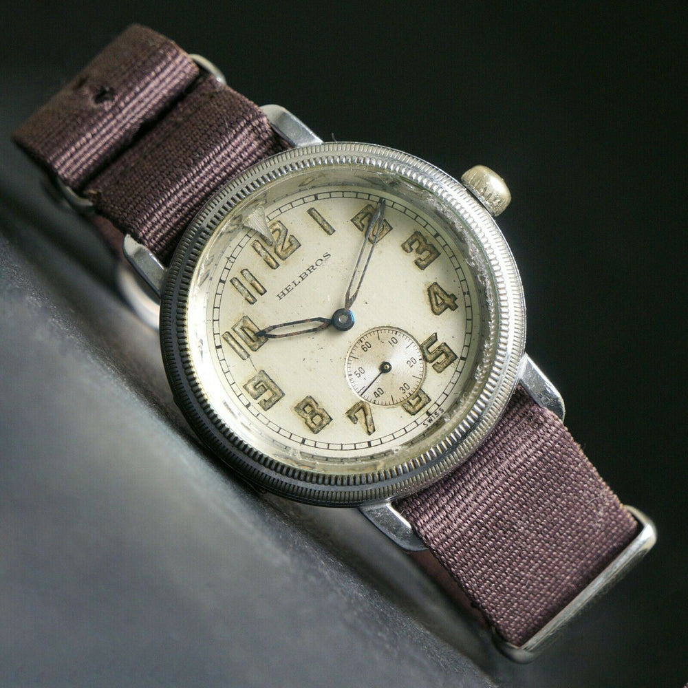 Rare Helbros Early WWII Era 37mm Pilot Watch Rotating Bezel Rare Silver Dial