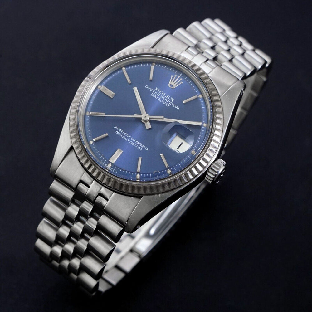 1977 Rolex 1601 Datejust Stainless Steel Blue Sigma Dial 36mm Watch Excellent, Olde Towne Jewelers, Santa Rosa CA.