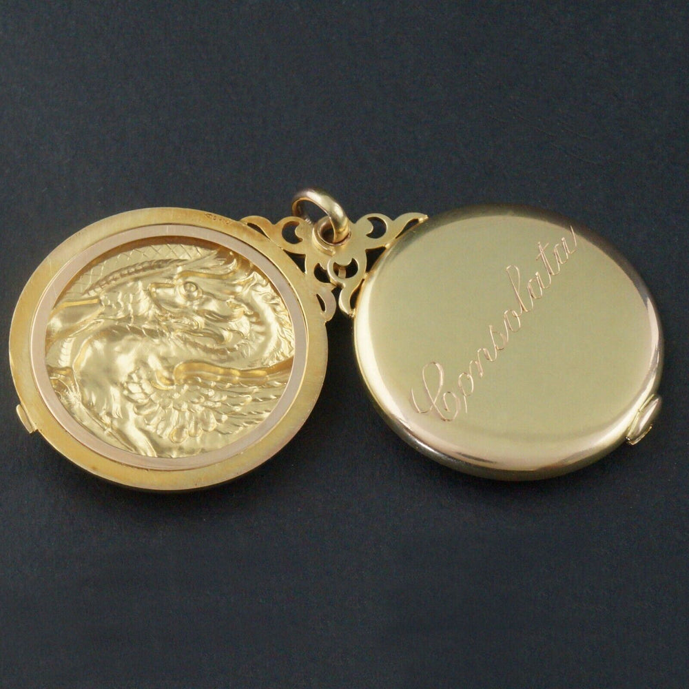 c-1890 Solid 14K Yellow Gold, Griffin & Snake Photo Locket, Estate Pendant, Olde Towne Jewelers, Santa Rosa CA.