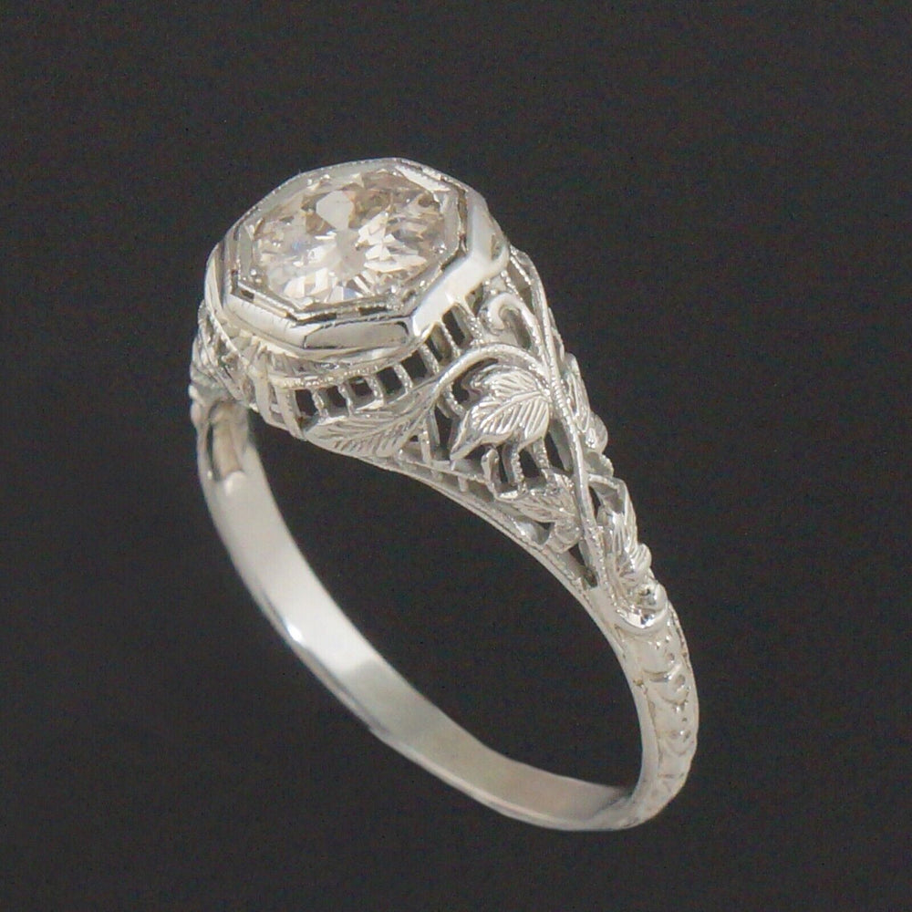 Art Nouveau 18K Gold 1.15 Ct OEC Diamond Floral Filigree Wedding Engagement Ring, Olde Towne Jewelers, Santa Rosa CA.