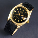Stunning 1950s Rolex 6605 Datejust 14K Yellow Gold 36mm Gilt Black Dial Watch, Olde Towne Jewelers, Santa Rosa CA.