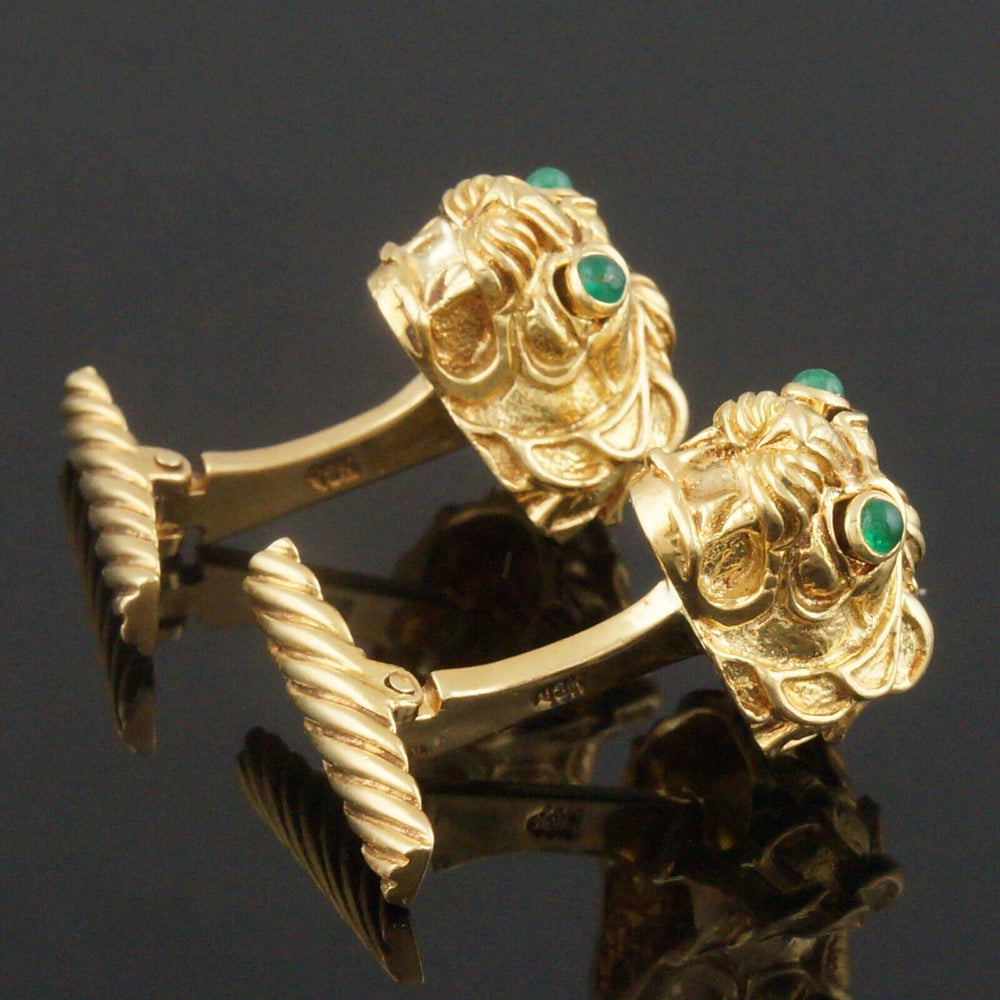 David Webb Solid 18K Gold, Detailed Emerald Eyed Lion Head Toggle Cufflinks