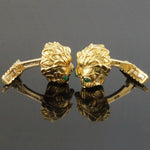 David Webb Solid 18K Gold, Detailed Emerald Eyed Lion Head Toggle Cufflinks