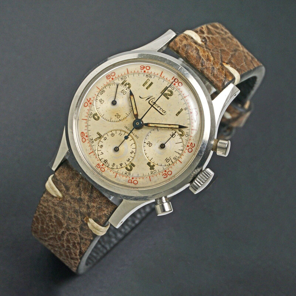 Minerva Stainless Steel Valjoux 72 3 Register Chronograph Watch, XLNT Orig Cond, Olde Towne Jewelers, Santa Rosa CA.