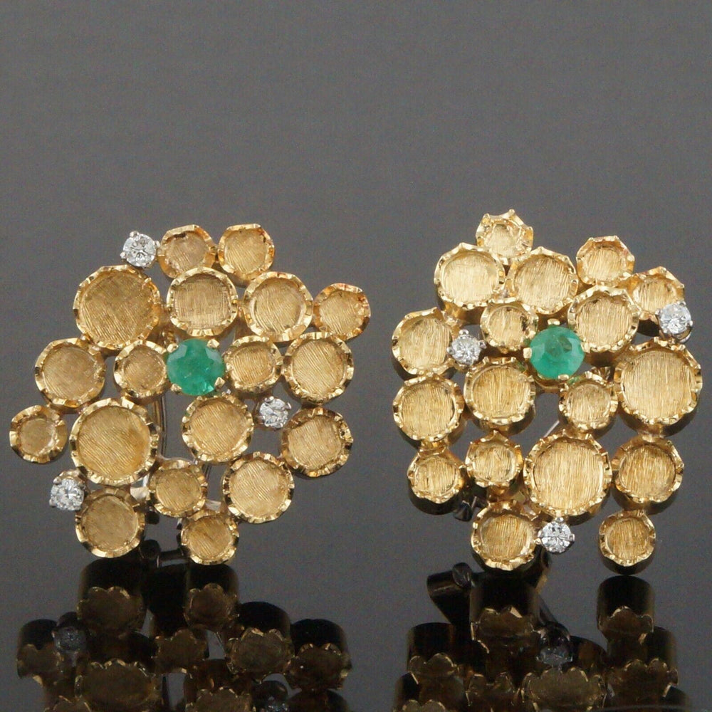 Modernist Solid 18K Gold .58 CTW Emerald .36 CTW Diamond Circle Mosaic Earrings, Olde Towne Jewelers, Santa Rosa CA.