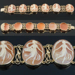 Large Solid 14K Gold & Carved Shell 6 Women Cameo, Filigree Link Estate Bracelet, Olde Towne Jewelers, Santa Rosa CA.