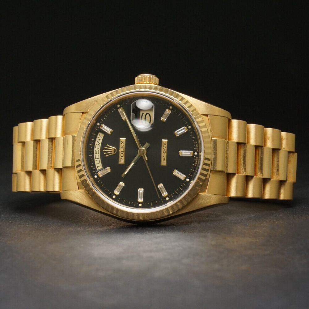 1987 Rolex 18038 Day Date President 18K Yellow Gold Rare Orig Black Diamond Dial, Olde Towne Jewelers, Santa Rosa CA.