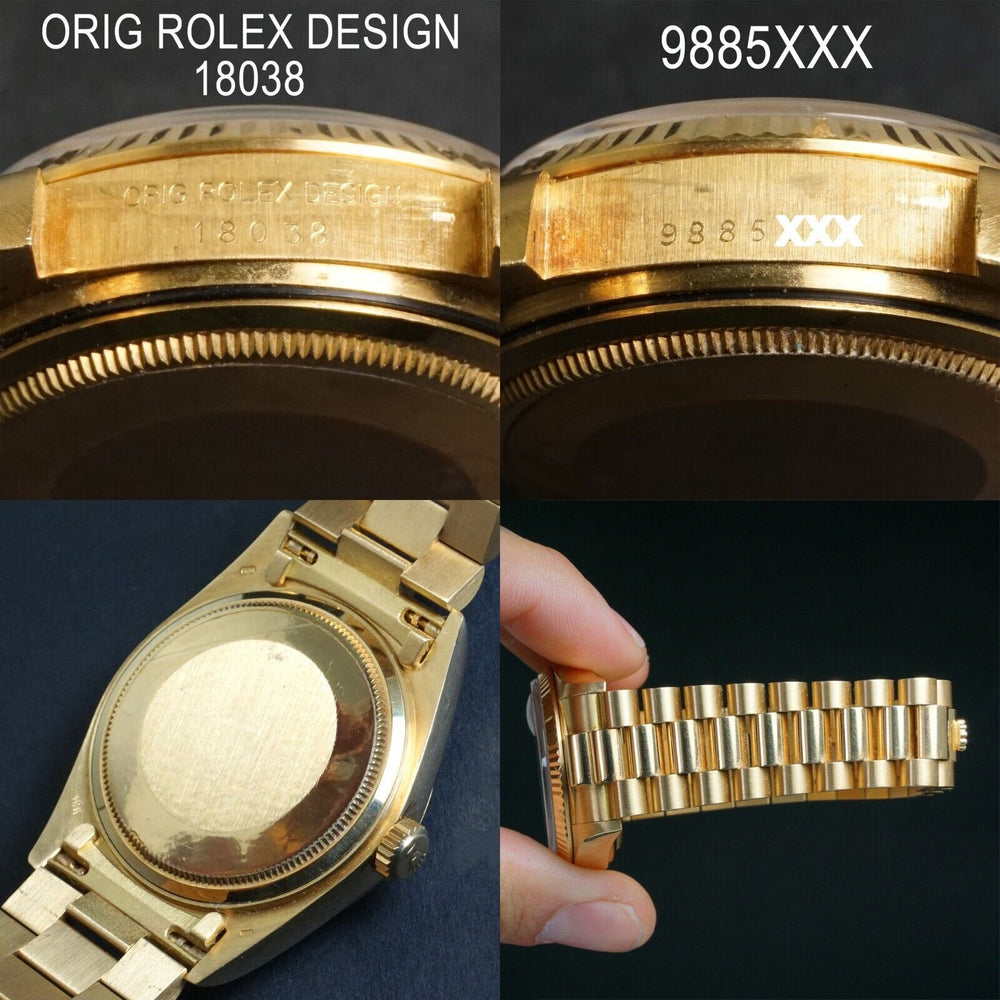 1987 Rolex 18038 Day Date President 18K Yellow Gold Rare Orig Black Diamond Dial, Olde Towne Jewelers, Santa Rosa CA.