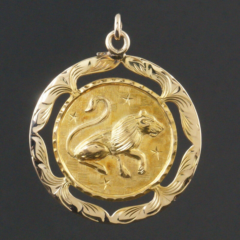 Solid 14K Yellow Gold, Stylized Leo Horoscope, Lion, Pierced Medallion Pendant