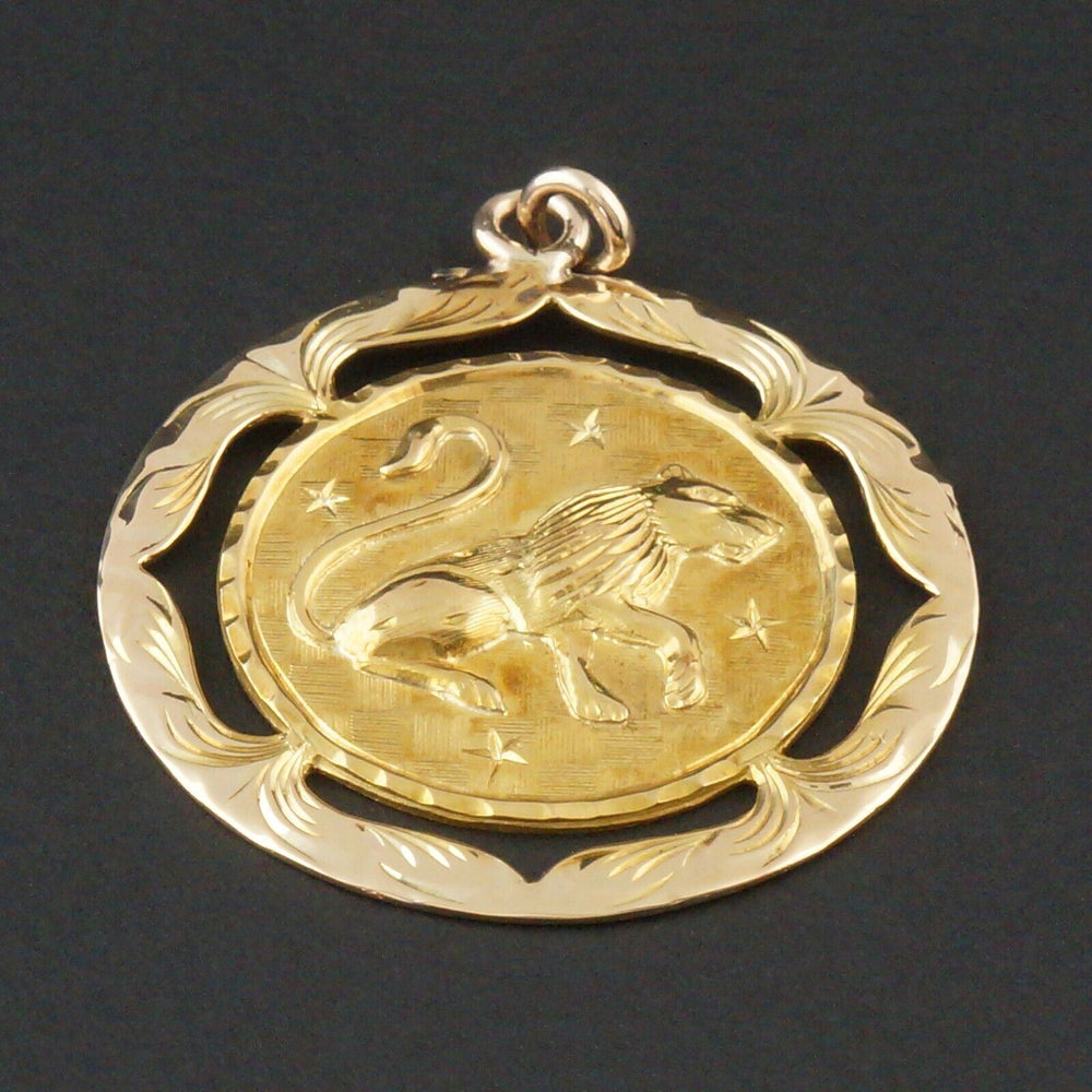 Solid 14K Yellow Gold, Stylized Leo Horoscope, Lion, Pierced Medallion Pendant, Olde Towne Jewelers, Santa Rosa CA.