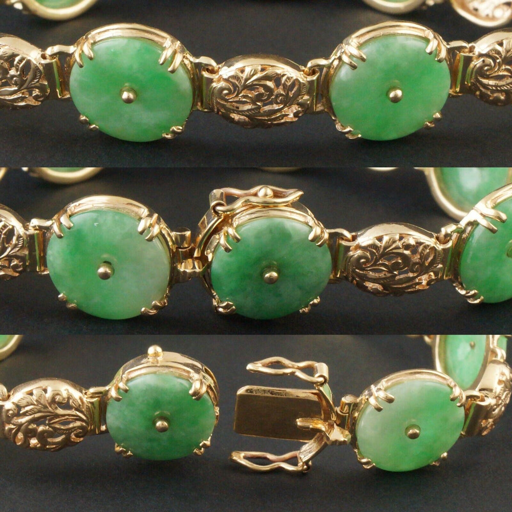 Vintage Ming's Hawaii Solid 14K Yellow Gold & Green Jade Vine Estate Bracelet, Olde Towne Jewelers, Santa Rosa CA.