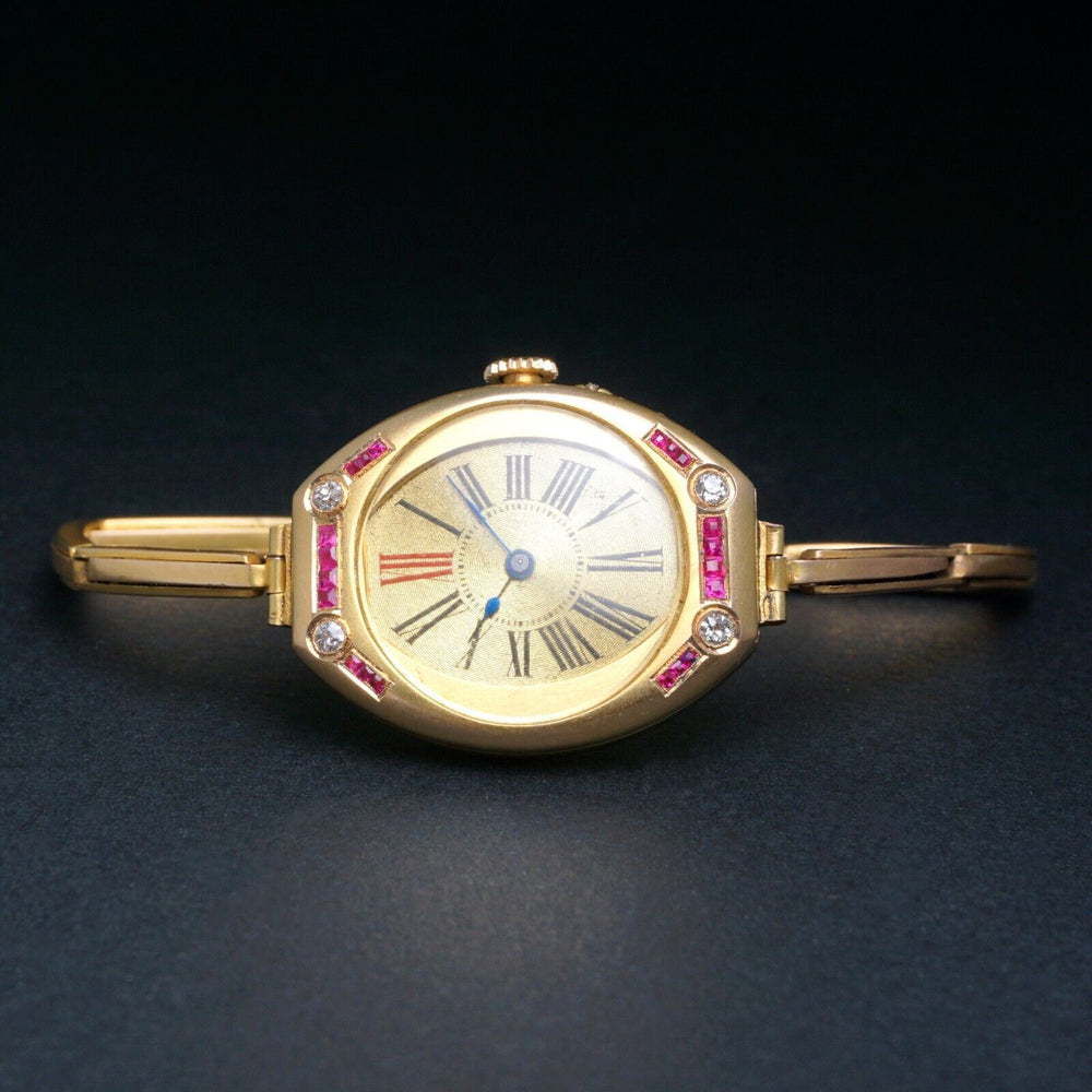 1920s Exquisite Art Deco 14K Yellow Gold Diamond & Ruby Woman's Bracelet Watch, Olde Towne Jewelers, Santa Rosa CA.