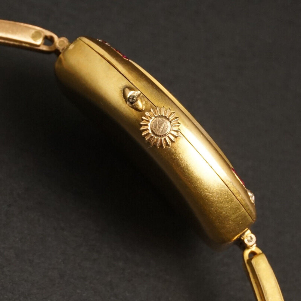1920s Exquisite Art Deco 14K Yellow Gold Diamond & Ruby Woman's Bracelet Watch, Olde Towne Jewelers, Santa Rosa CA.
