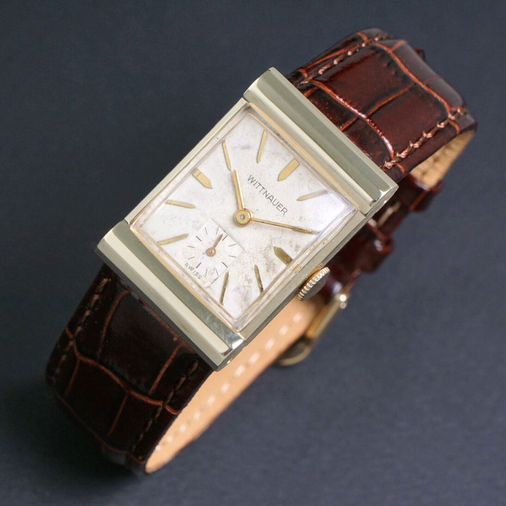 Stunning 1950s Wittnauer  Solid 14K Gold Man's Hooded Lug Rectangular Watch, Olde Towne Jewelers, Santa Rosa CA.