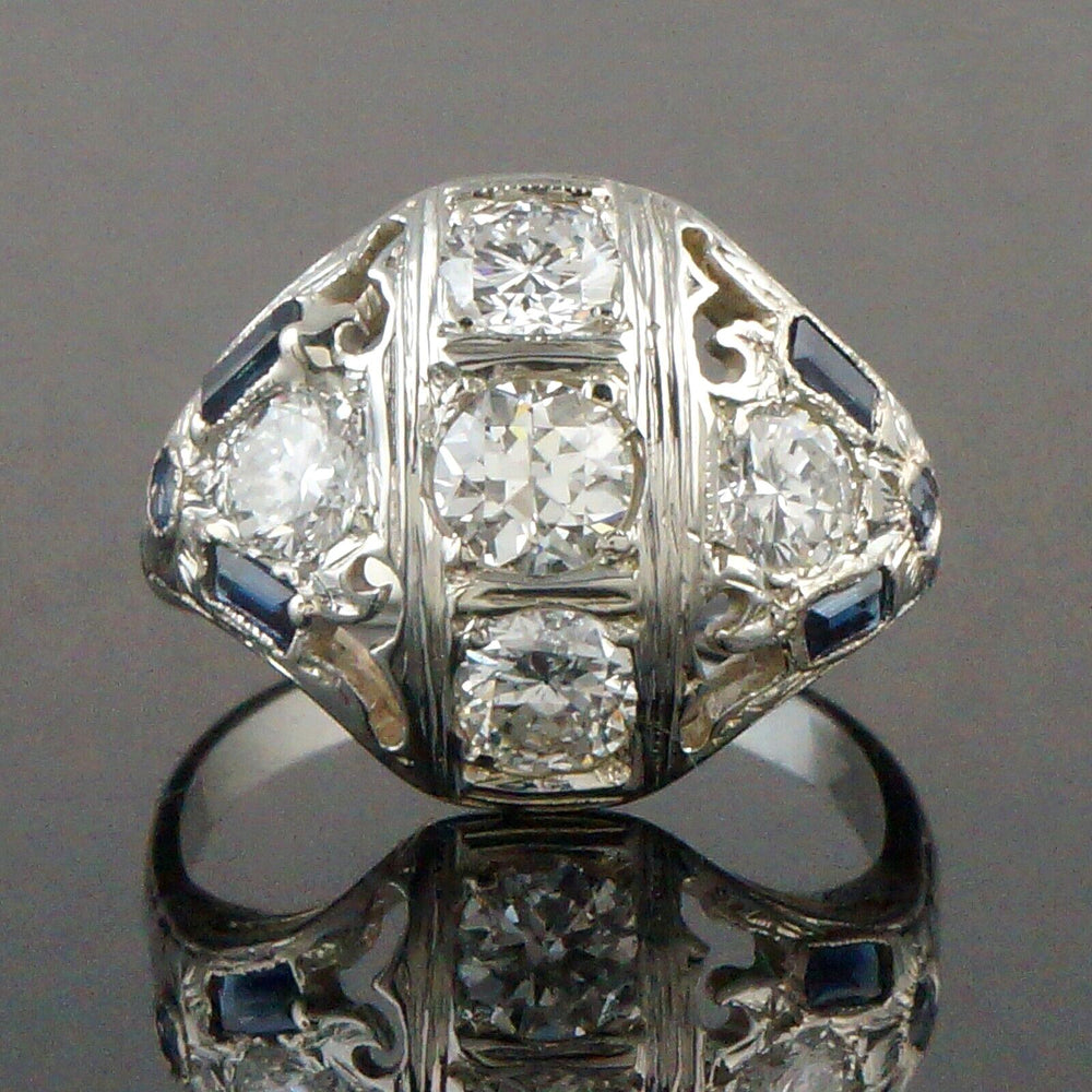 1920s Art Deco 18K Gold Filigree 1.50Ct OMC Diamond & Blue Sapphire Dome Ring, Olde Towne Jewelers, Santa Rosa CA