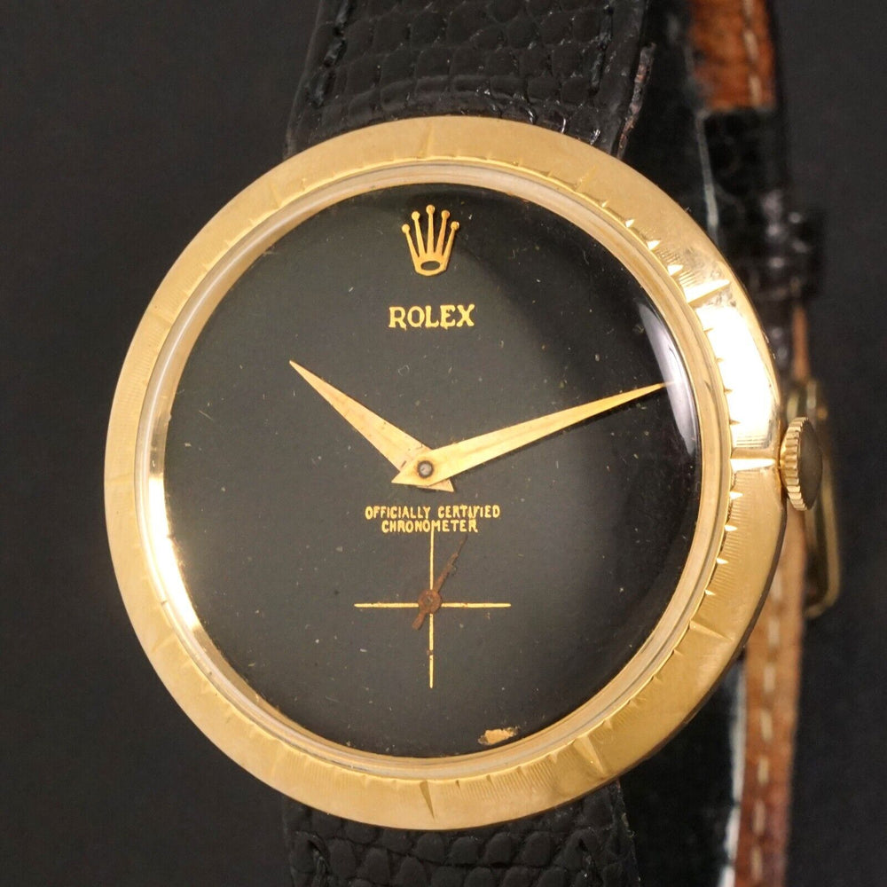 Stunning Rolex 9522 18K Yellow Gold Flying Saucer Black Dial Watch, Olde Towne Jewelers, Santa Rosa CA.