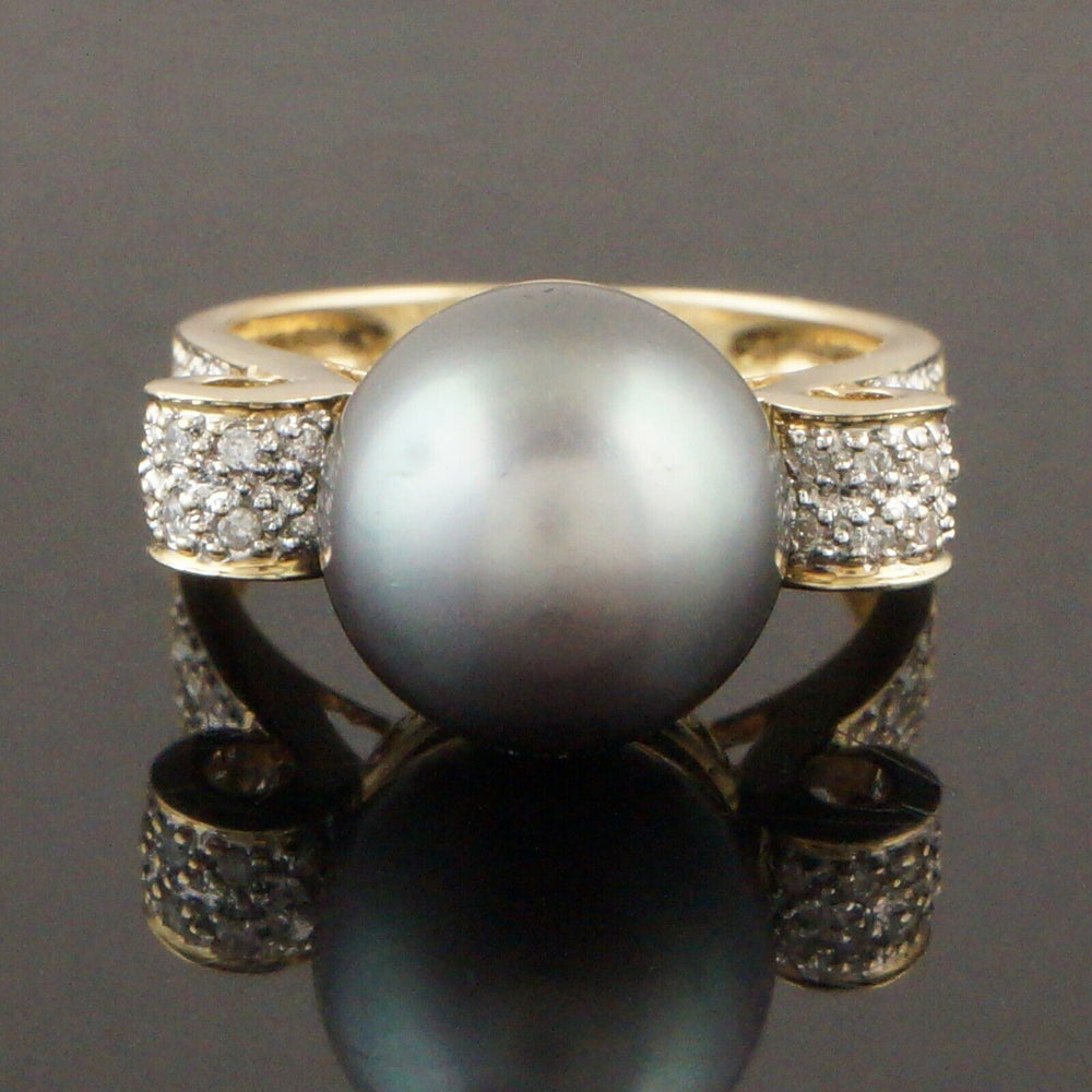Solid 18K Gold 11.5mm Tahitian Pearl .54 CTW Diamond Scrolled Filigree Ring, Olde Towne Jewelers, Santa Rosa CA.