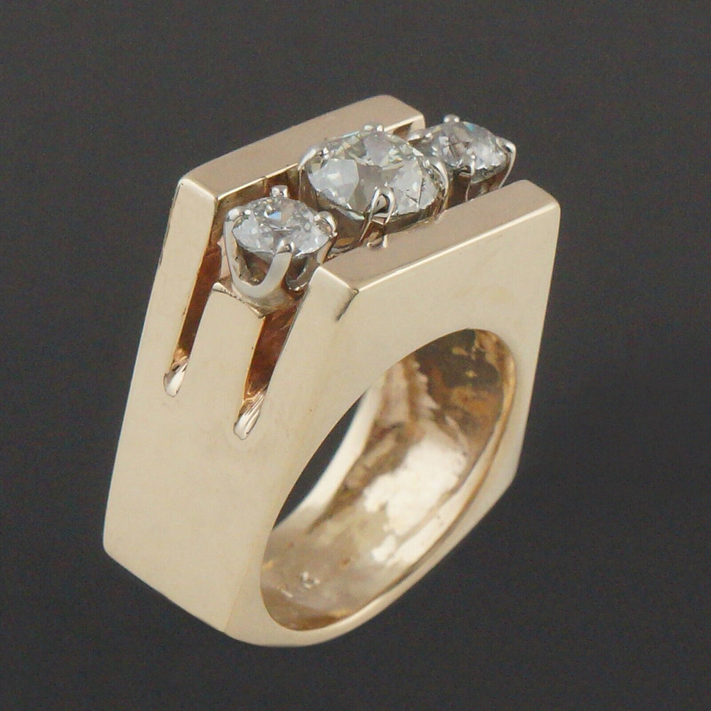 Wide Solid 14K Gold Geometric Euro Shank &  1.66 CTW OEC Diamond 3 Stone Band, Olde Towne Jewelers, Santa Rosa CA.