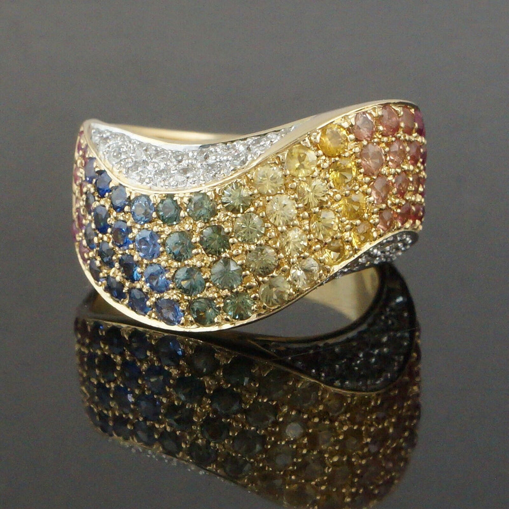 Solid 18K Gold 3.04 CTW Rainbow Sapphire & Diamond Modernist Wave Band Ring