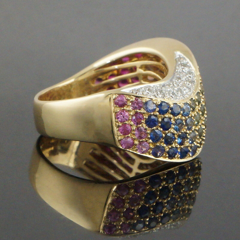 Solid 18K Gold 3.04 CTW Rainbow Sapphire & Diamond Modernist Wave Band Ring, Olde Towne Jewelers, Santa Rosa CA.