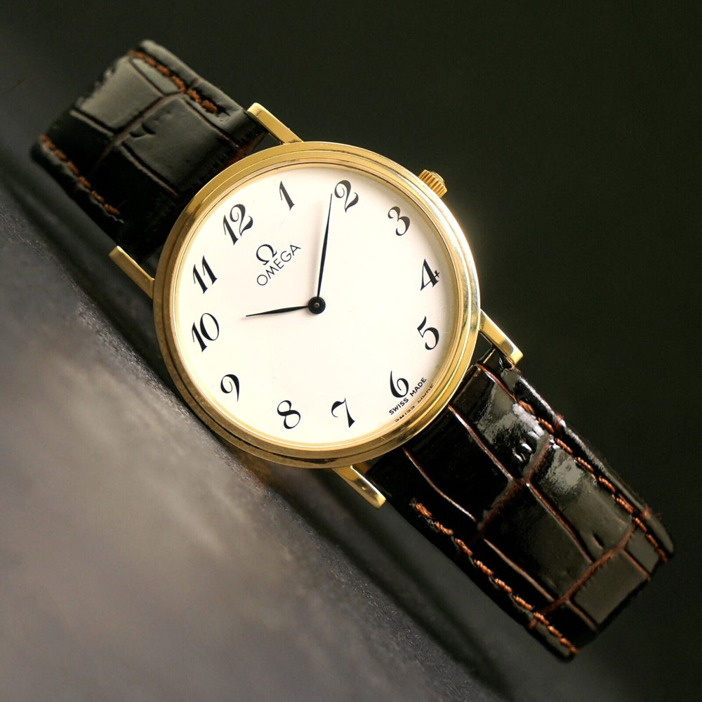 Stunning 1985 Omega Quartz Solid 14K Yellow Gold Man's Mid Size 32mm D Olde Towne Jewelers Stunning 1985 Omega Quartz Solid 14K Yellow Gold Man's Mid Size 32mm D Olde Towne Jewelers