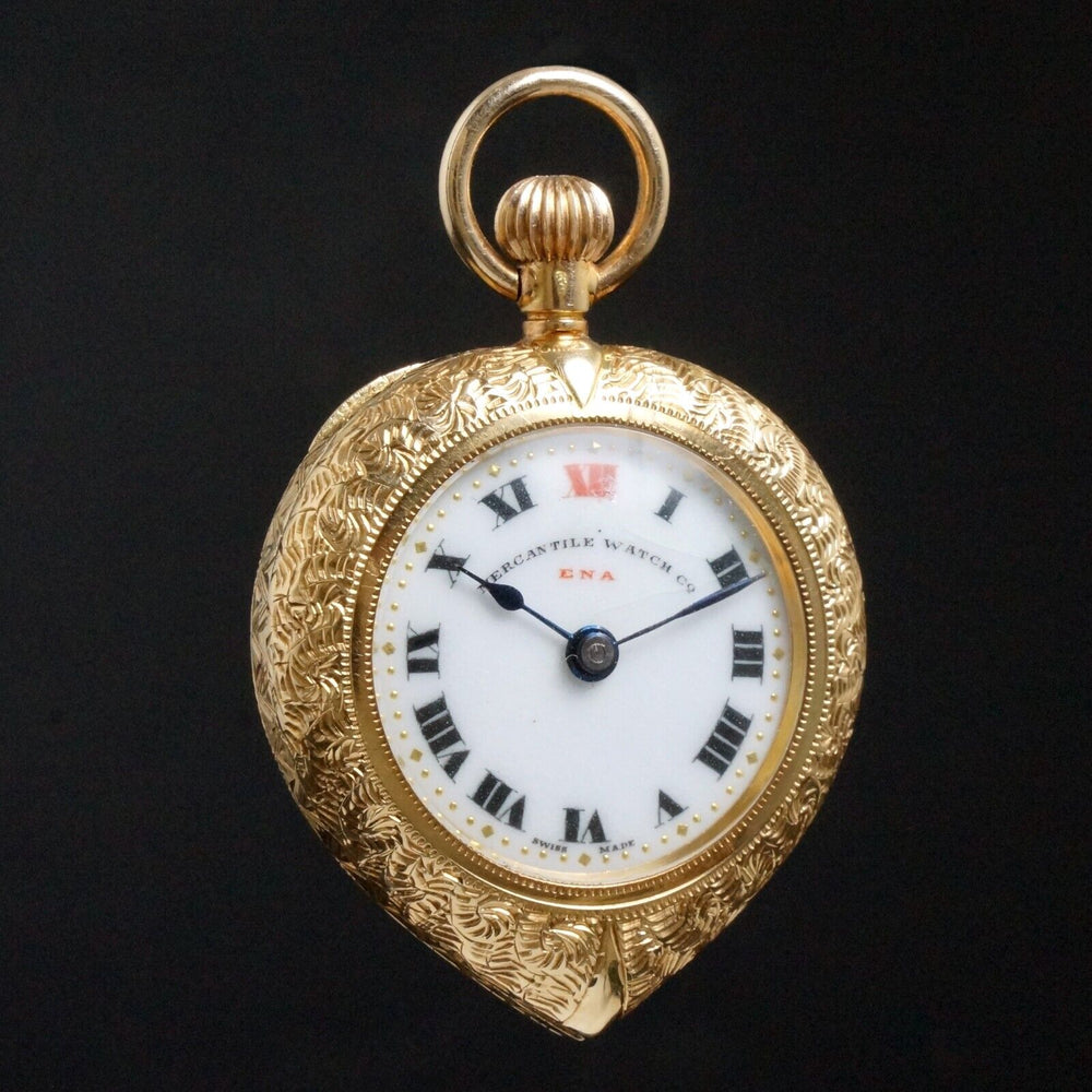 Stunning Mercantile Watch Co 14K Yellow Gold Pendant Pocket Heart Shaped Watch