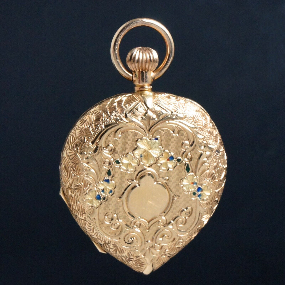 Stunning Mercantile Watch Co 14K Yellow Gold Pendant Pocket Heart Shaped Watch, Olde Towne Jewelers, Santa Rosa CA.