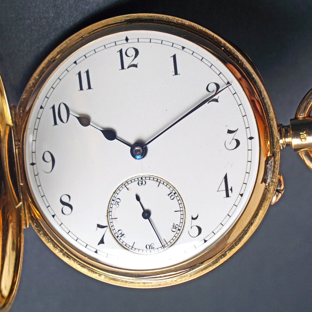 Stunning Antique 1890s 18K Gold & Blue Enamel Demi Hunter Pocket Watch, Orig Box, Olde Towne Jewelers, Santa Rosa CA.