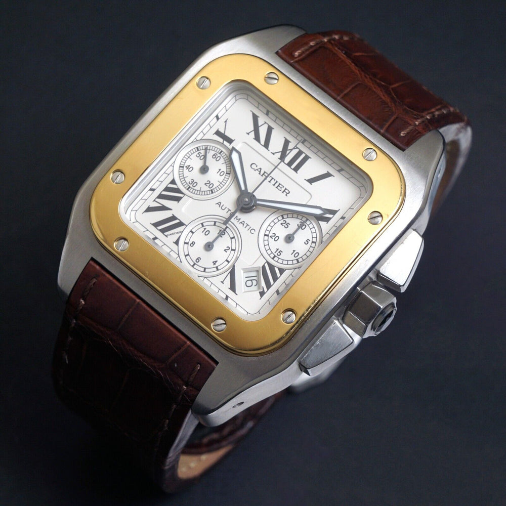 Stunning Cartier 2740 Santos 100 XL 18K Gold & Steel Man's Chronograph Watch, Olde Towne Jewelers, Santa Rosa CA.