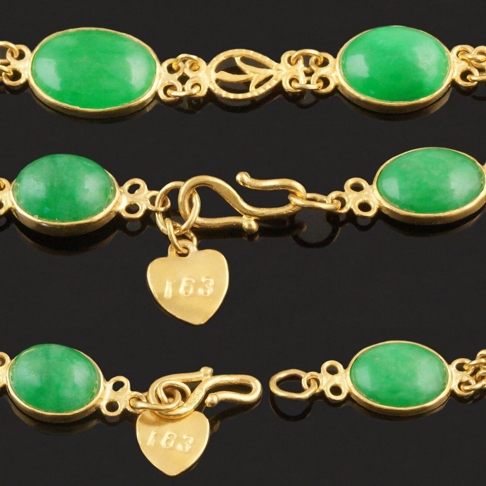 Vintage Solid 24K Yellow Gold Oval Jade Cabochon Link 6.5" Estate Chain Bracelet, Olde Towne Jewelers, Santa Rosa CA.