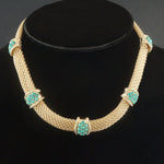 Solid 14K Yellow Gold Mesh Link & Turquoise Convertible Necklace & Bracelet Set