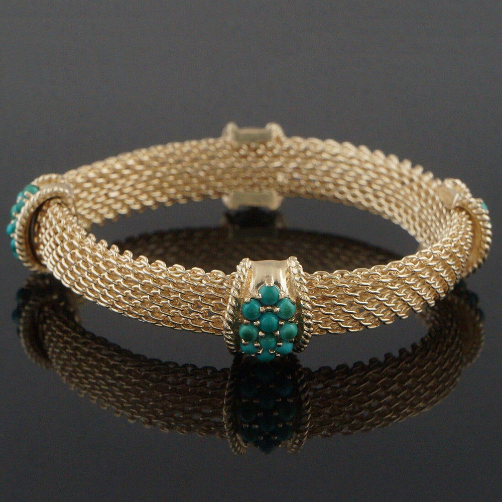 Solid 14K Yellow Gold Mesh Link & Turquoise Convertible Necklace & Bracelet Set, Olde Towne Jewelers, Santa Rosa CA.