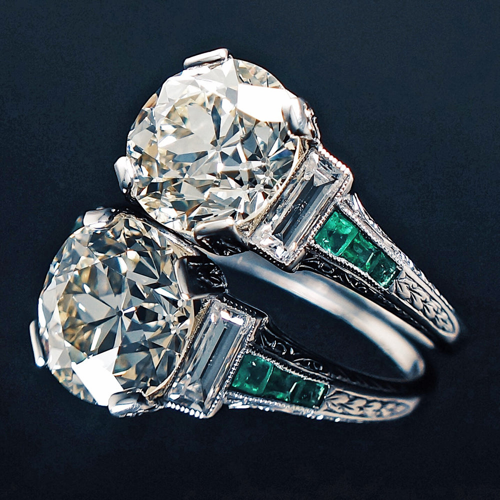 Art Deco Platinum, 2.83 Ct. OEC Center, 3.21 Cttw. Diamond & .12 Ct. Emerald Engagement Ring, Olde Towne Jewelers Santa Rosa Ca.