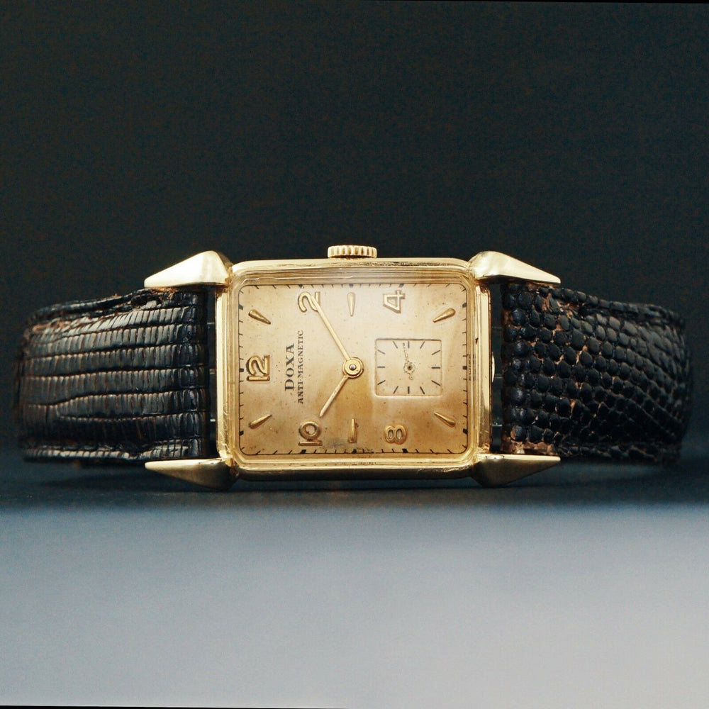 Rare Doxa 1940s Solid 14K Gold Rectangular Fancy Lug Man's Watch All Original Men's Wristwatch Santa Rosa, Olde Towne Jewelers, Santa Rosa CA.