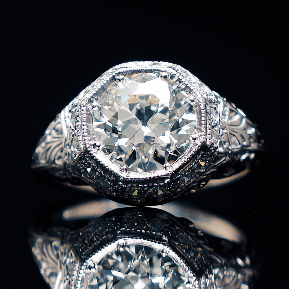 Edwardian Platinum, 2.08 Ct. Center , 2.30 Cttw. Old European Cut Diamond Engagement Ring