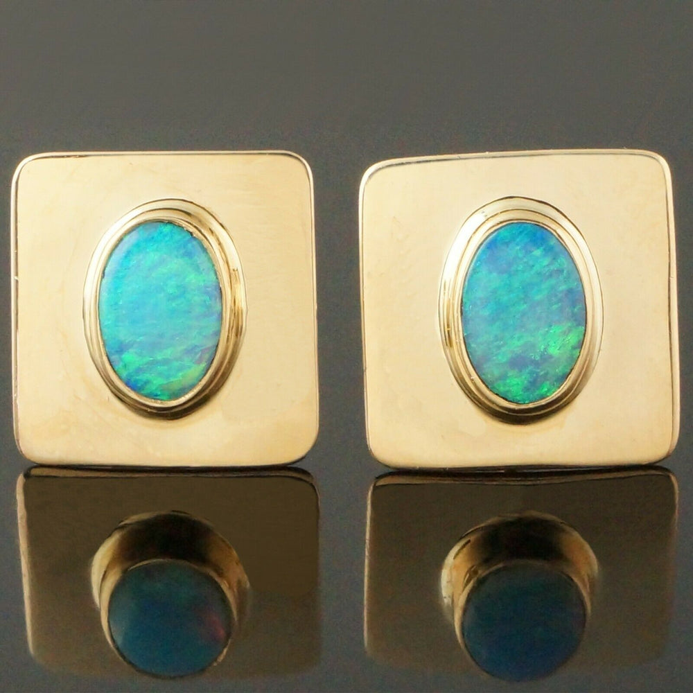 Shay Solid 14K Yellow Gold & Oval Opal Cabochon, Square Estate Earrings, Olde Towne Jewelers, Santa Rosa CA.