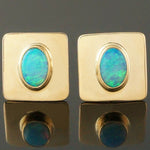 Shay Solid 14K Yellow Gold & Oval Opal Cabochon, Square Estate Earrings, Olde Towne Jewelers, Santa Rosa CA.