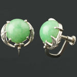 Elegant Platinum & Apple Jade Leaf Estate Earrings