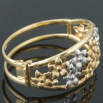 Two Tone 14K Gold, Plumeria Flower Hinged Filigree Bangle Bracelet, Italy, Olde Towne Jewelers, Santa Rosa CA.