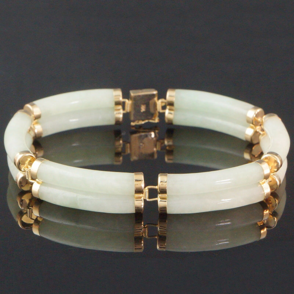 Solid 14K Yellow Gold, Green Jade Chinese Symbol Happiness Double Link Bracelet, Olde Towne Jewelers, Santa Rosa CA.