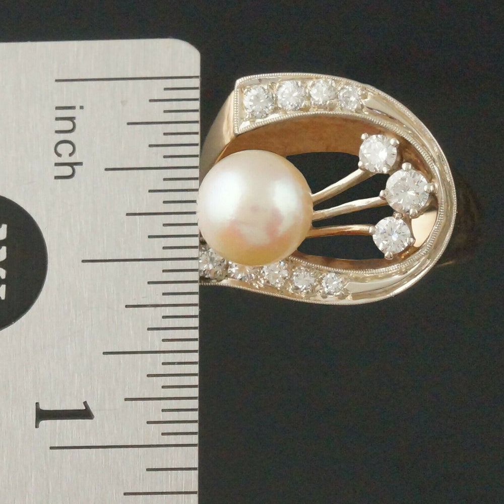 Retro Modernist Two Tone Solid 14K Gold, Pearl & Diamond Lady's Estate Ring8