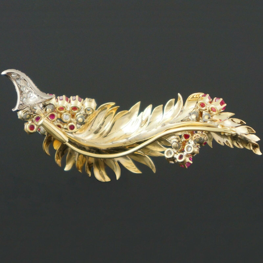 Solid Platinum & 18K Yellow Gold, Ruby & Diamond Pin, Estate Feather Brooch, Olde Towne Jewelers, Santa Rosa CA.