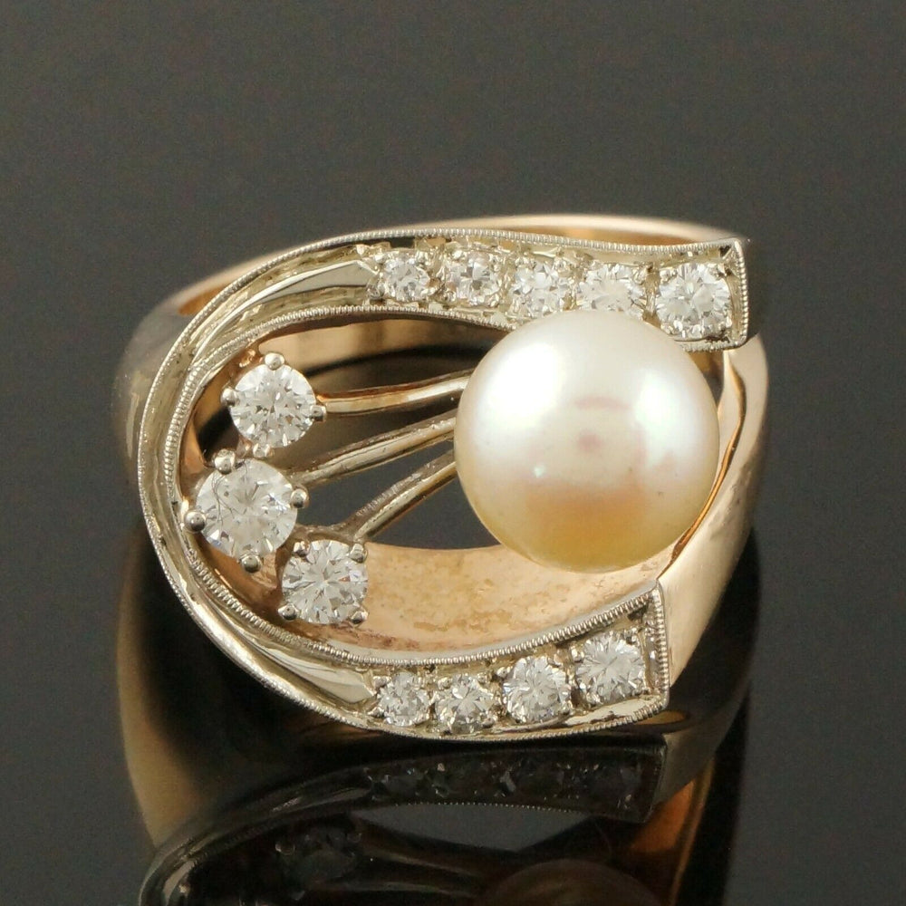 Retro Modernist Two Tone Solid 14K Gold, Pearl & Diamond Lady's Estate Ring1