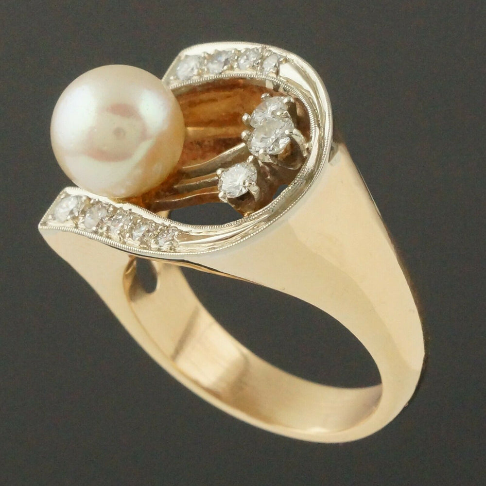 Retro Modernist Two Tone Solid 14K Gold, Pearl & Diamond Lady's Estate Ring2