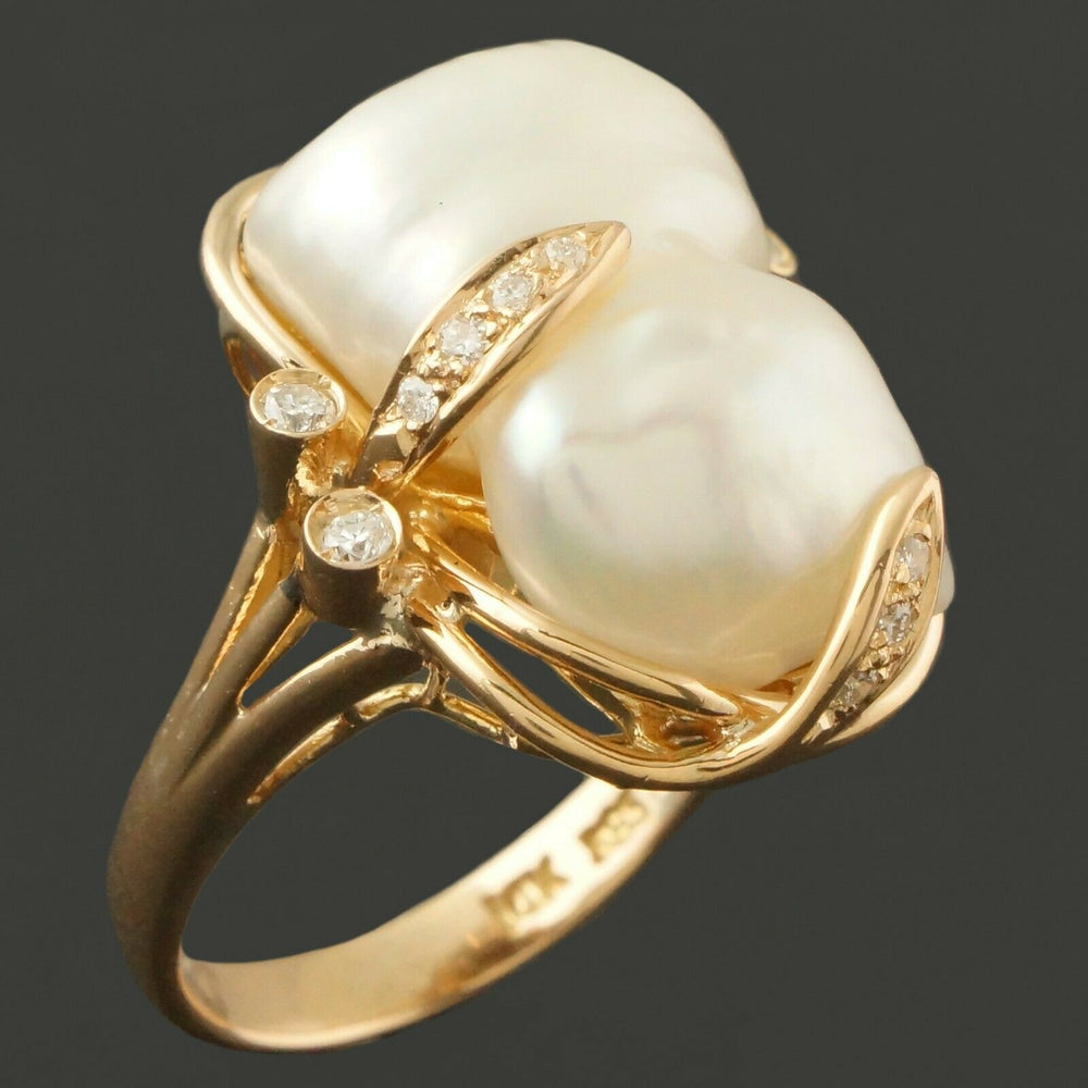 Retro Fresh Water Pearl Estate Ring - Solid 14K Yellow Gold, Fresh Water Pearl & .32 cttw Diamond
