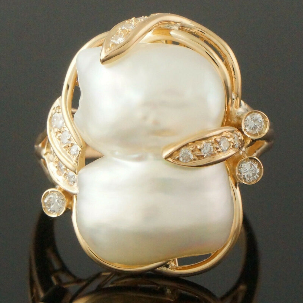 Retro Fresh Water Pearl Estate Ring - Solid 14K Yellow Gold, Fresh Water Pearl & .32 cttw Diamond, Olde Towne Jewelers, Santa Rosa CA.