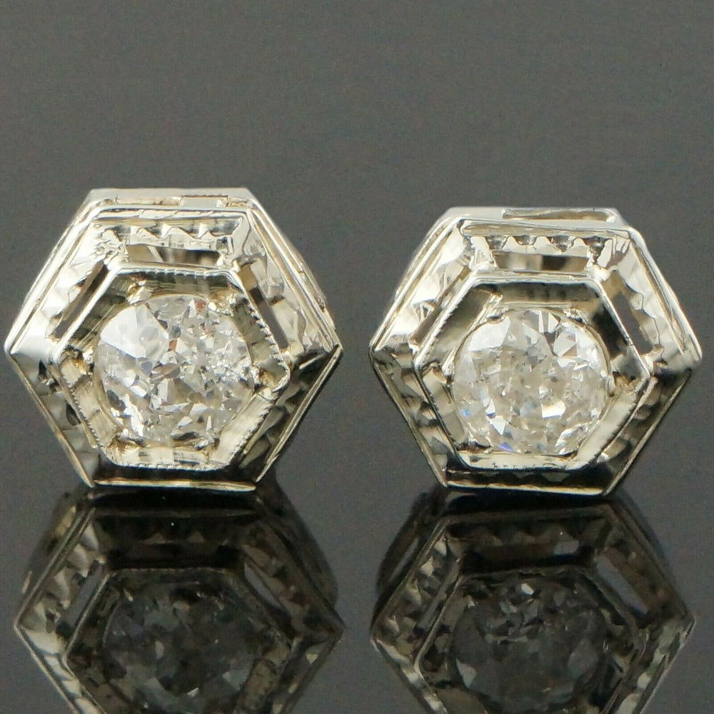 Solid 14K White Gold .44 CTW Old Mine Cut Diamond Estate Filigree Earrings Olde Towne Jewelers Santa Rosa CA