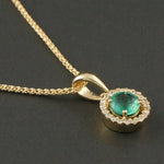 Solid 14K Yellow Gold .80 Ct Emerald & Diamond, Round Halo Pendant 16" Necklace