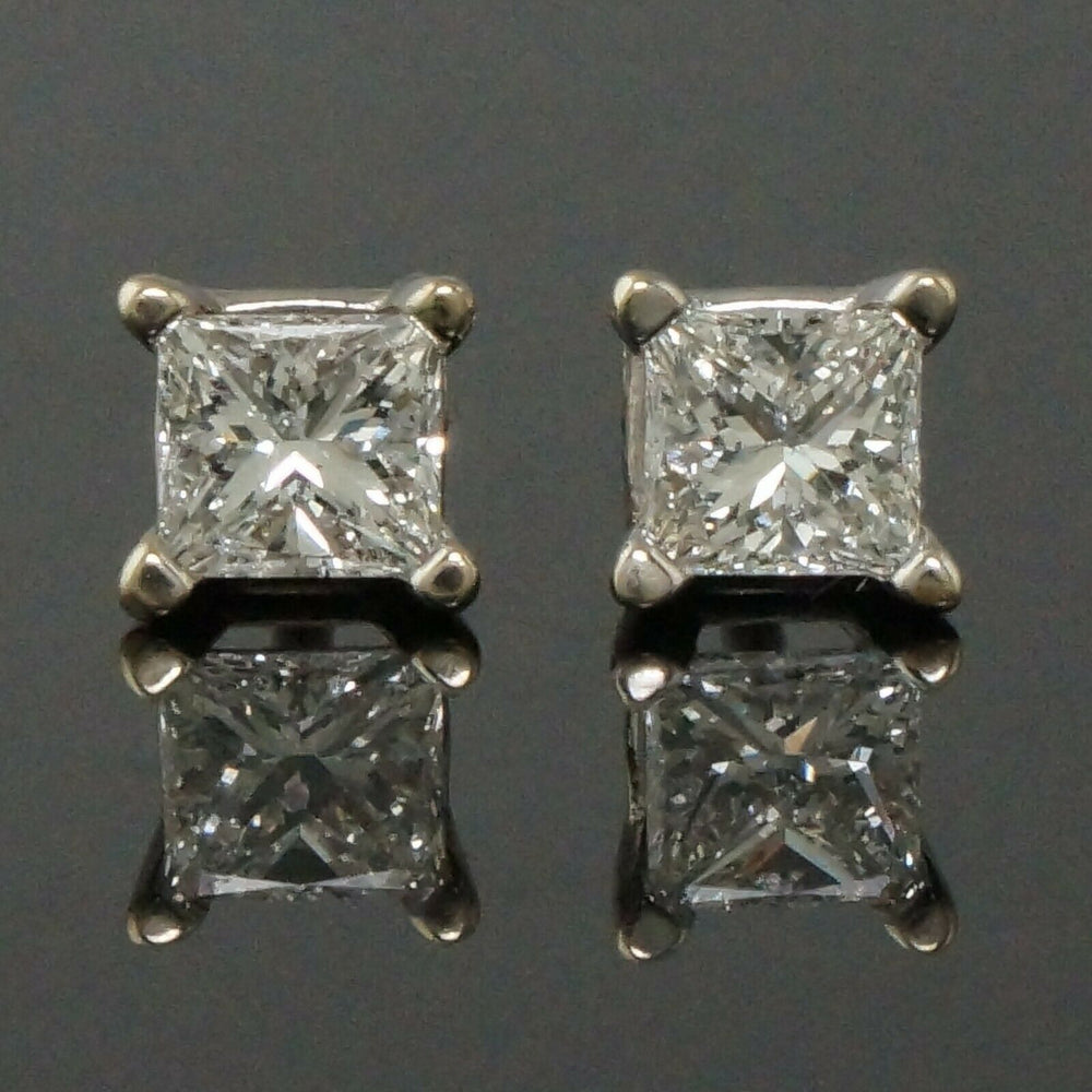 Solid 18K White Gold .56 CTW Princess Diamond Estate Screwback Stud Earrings