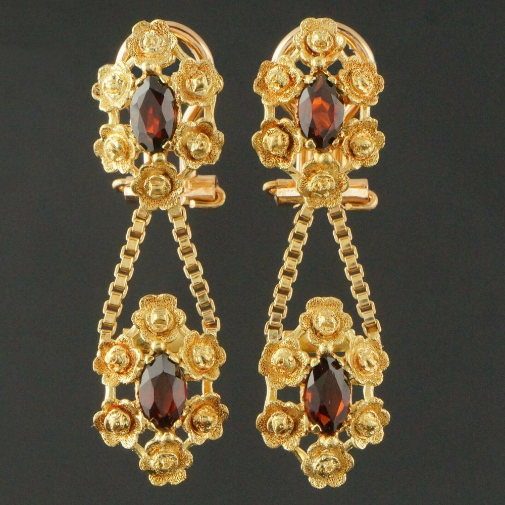 Solid 18K Yellow Gold & 1.80 CTW Garnet Floral Motif Drop Dangle Earrings Olde Towne Jewelers Santa Rosa CA